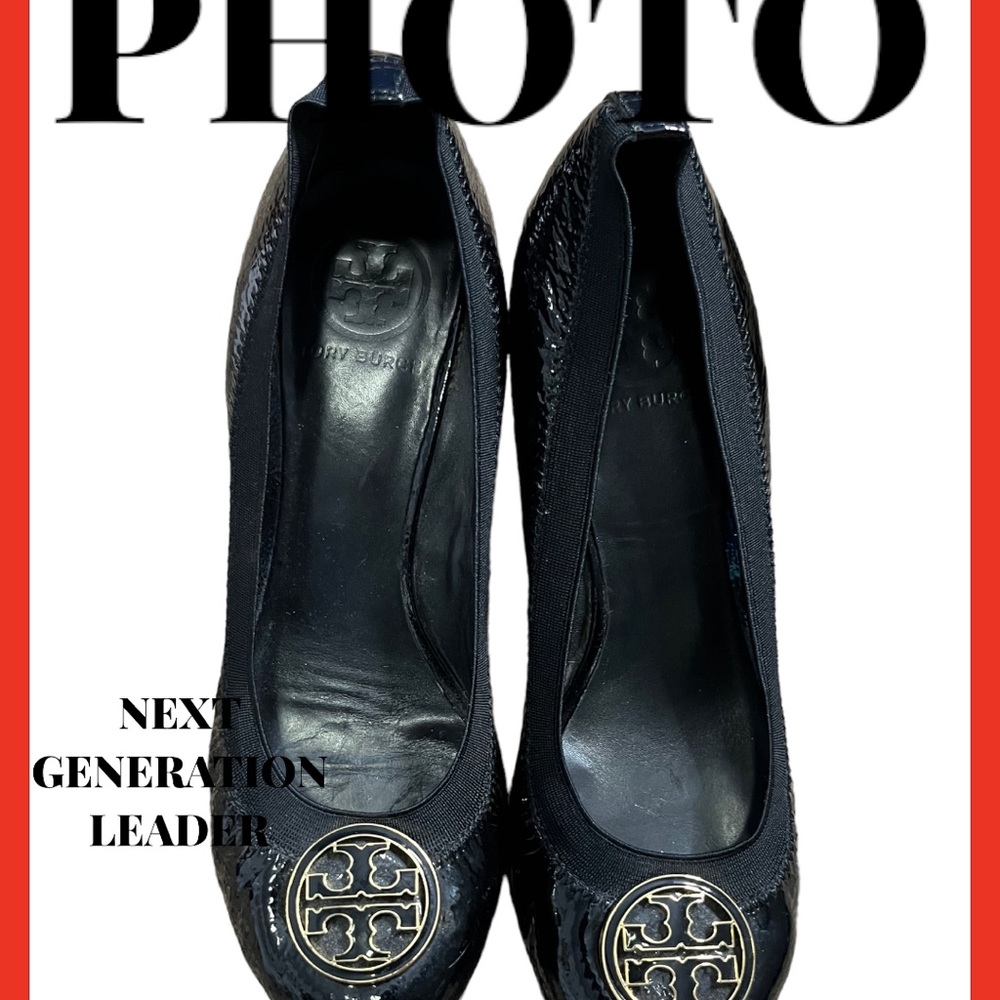 Tory Burch Black Patent Leather Caroline Wedge Shoe Size 6